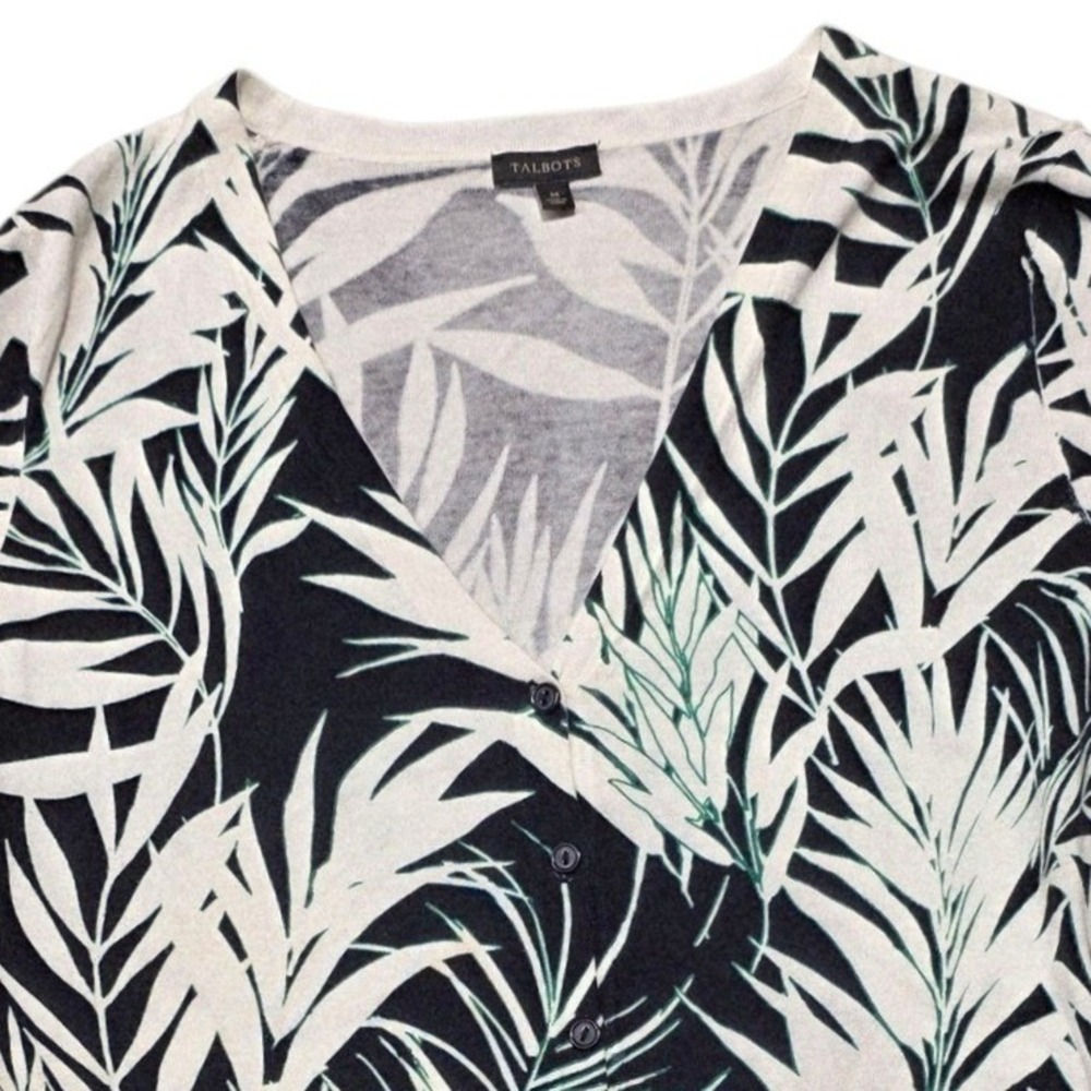 Talbots Cardigan Women Medium Black White Palm Leaf V-Neck Short Sleeve Sweater